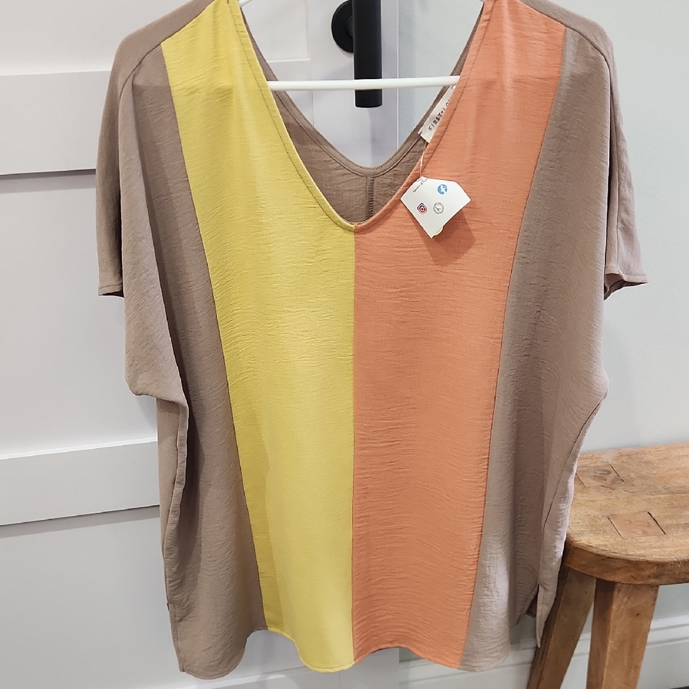 First Love Colorblock V-Neck Top in Yellow, Peach & Taupe